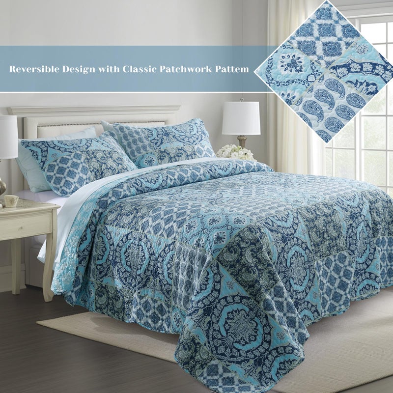 KASENTEX Country-Chic Printed Pre-Washed Quilt Bedding Set - Microfiber Fabric Quilted Pattern Bedding (Multi-Blue B, Queen + 2 Shams) - Image 2